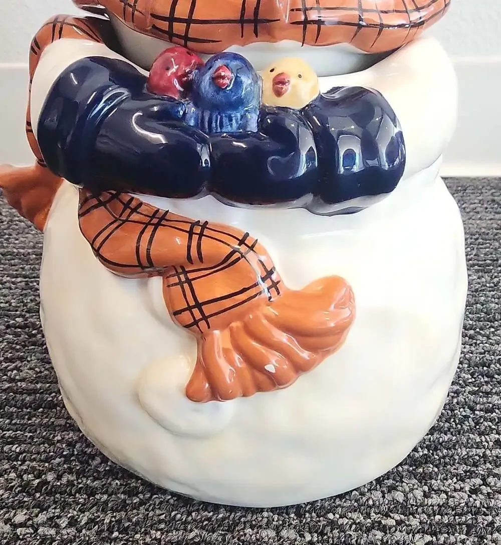 Vintage Snowman Holding Chicks Holiday Cookie Jar